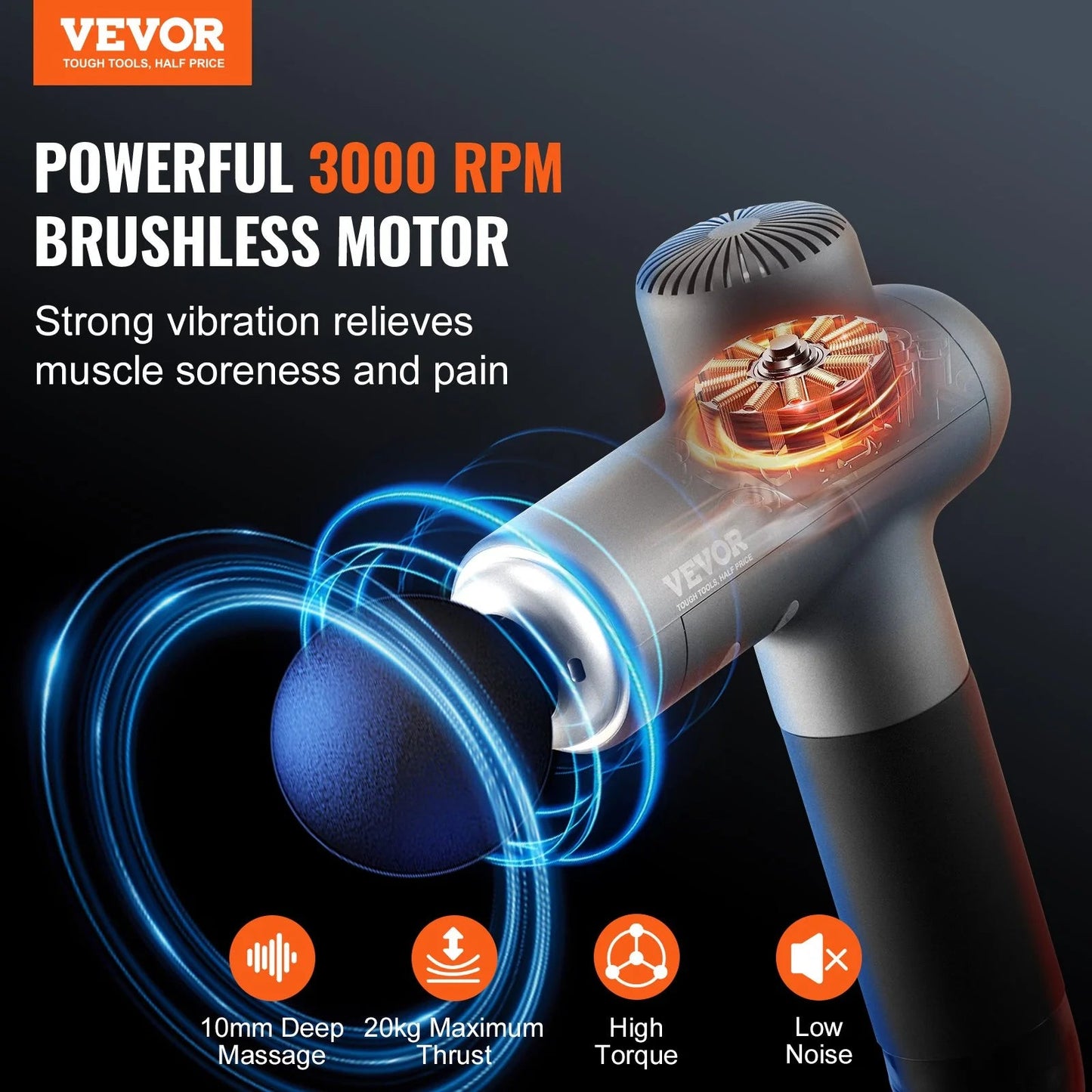 VEVOR Professional Deep Tissue Massage Gun - Handheld Percussion Device with 8 Speed Settings, 6 Interchangeable Massage Heads, and 24V 2500mAh Battery for Pain Relief and Muscle Relaxation