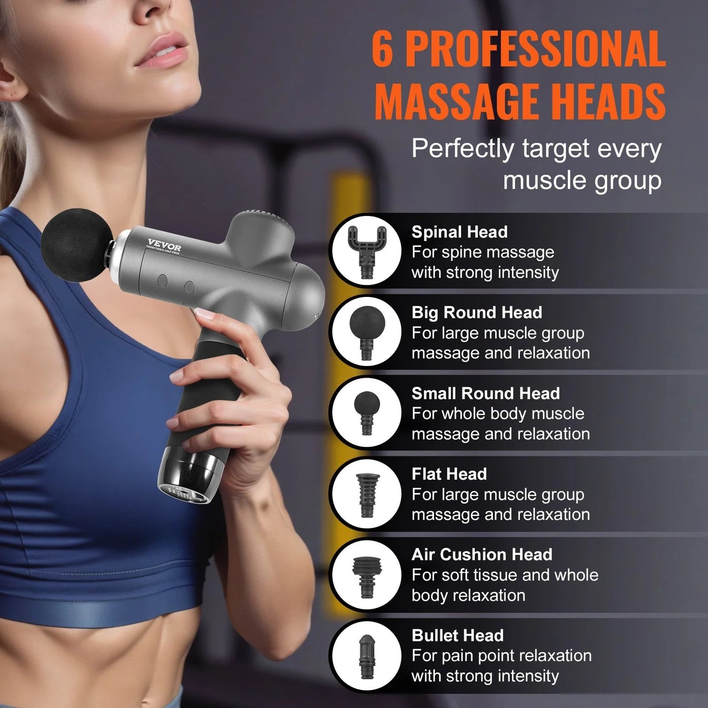 VEVOR Professional Deep Tissue Massage Gun - Handheld Percussion Device with 8 Speed Settings, 6 Interchangeable Massage Heads, and 24V 2500mAh Battery for Pain Relief and Muscle Relaxation